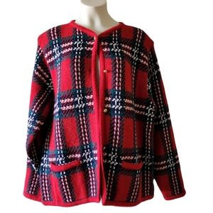 Crystal-Kobe petites red tartan plaid Christmas cardigan sweater size small